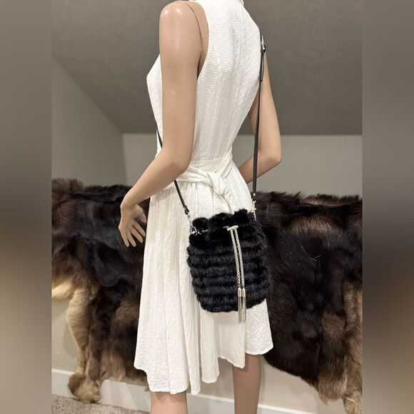 Black Multi Use Handmade Genuine Mink Fur & Drawstring Bucket Bag with 3 Straps - Picture 7 of 16